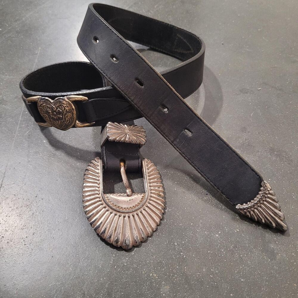 3D DDD Black Leather Belt 28 Western Heart Concho Cowgirl Rodeo USA Boho Cowboy‎
